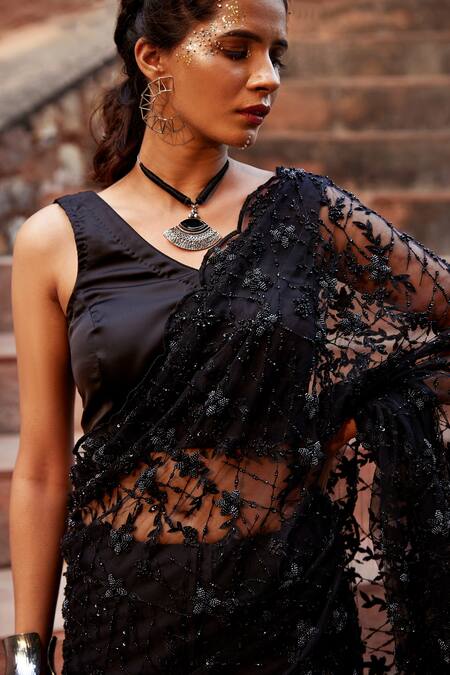 Tarini Vij_Black Net, Satin Bead Work, Cutdana Work, Shanaya Pre-draped Saree With Blouse_at_Aza_Fashions