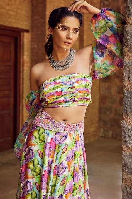Tarini Vij_Multi Color Organza, Satin Lily Print Straight Across Ita Choli And Lehenga Set _Online_at_Aza_Fashions