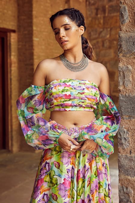 Buy_Tarini Vij_Multi Color Organza, Satin Lily Print Straight Across Ita Choli And Lehenga Set _Online_at_Aza_Fashions