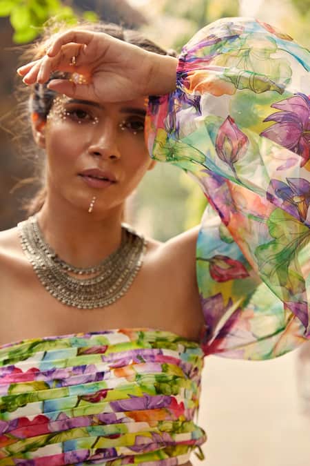 Tarini Vij_Multi Color Organza, Satin Lily Print Straight Across Ita Choli And Lehenga Set _at_Aza_Fashions