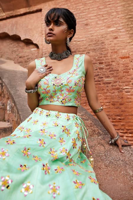 Buy Tarini Vij Green Net, Bhagalpuri Silk Mirror , Resham Jewel Tahira Lehenga Set Online at Aza Fashions Buy_Tarini Vij_Green Net, Bhagalpuri Silk Mirror , Resham Jewel Tahira Lehenga Set _Online_at_Aza_Fashions