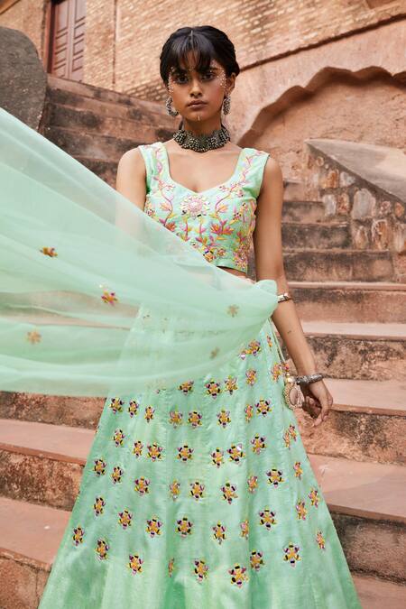 Shop Tarini Vij Green Net, Bhagalpuri Silk Mirror , Resham Jewel Tahira Lehenga Set Online at Aza Fashions Shop_Tarini Vij_Green Net, Bhagalpuri Silk Mirror , Resham Jewel Tahira Lehenga Set _Online_at_Aza_Fashions