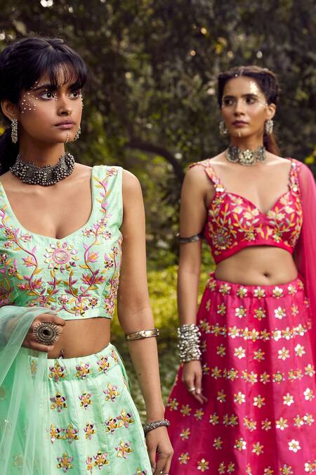 Shop Tarini Vij Pink Net, Bhagalpuri Silk Mirror , Resham Sweetheart Tara Lehenga Set Online at Aza Fashions Shop_Tarini Vij_Pink Net, Bhagalpuri Silk Mirror , Resham Sweetheart Tara Lehenga Set _Online_at_Aza_Fashions