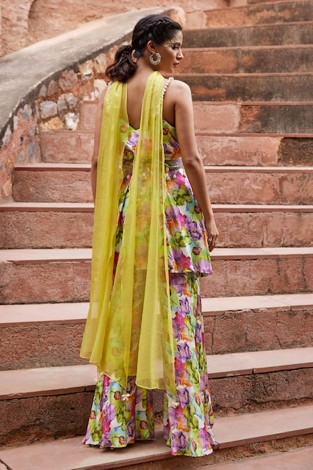 Shop Tarini Vij Multi Color Satin, Silk Organza Bead Work, Floral, Sequins V Arya Sharara Set at Aza Fashions Shop_Tarini Vij_Multi Color Satin, Silk Organza Bead Work, Floral, Sequins V Arya Sharara Set _at_Aza_Fashions