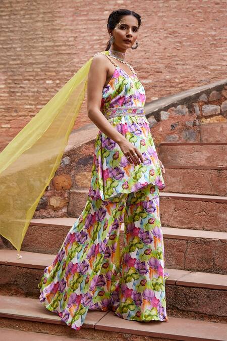 Tarini Vij Multi Color Satin, Silk Organza Bead Work, Floral, Sequins V Arya Sharara Set Online at Aza Fashions Tarini Vij_Multi Color Satin, Silk Organza Bead Work, Floral, Sequins V Arya Sharara Set _Online_at_Aza_Fashions