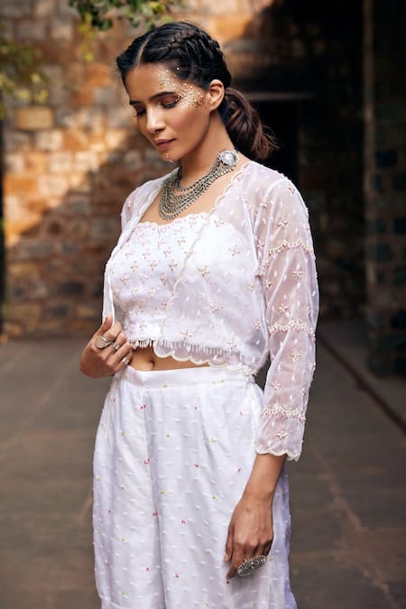 Tarini Vij White Dobby Textured Organza Bead Work, Sequins, Surai Mahi Jacket Sharara Set Online at Aza Fashions Tarini Vij_White Dobby Textured Organza Bead Work, Sequins, Surai Mahi Jacket Sharara Set _Online_at_Aza_Fashions