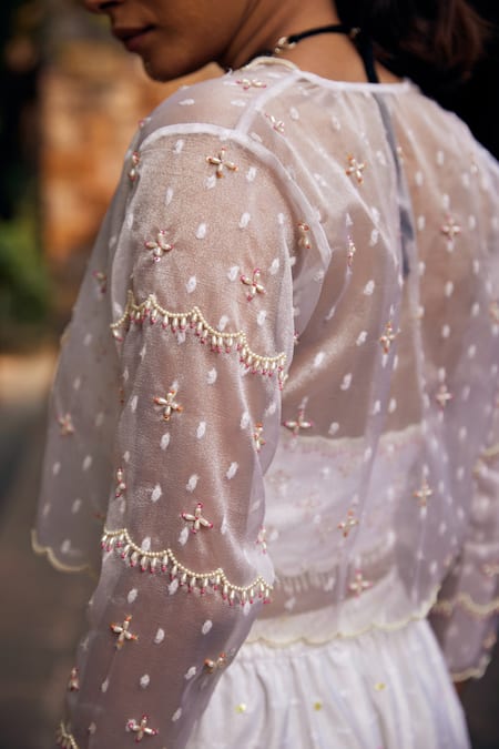 Shop Tarini Vij White Dobby Textured Organza Bead Work, Sequins, Surai Mahi Jacket Sharara Set Online at Aza Fashions Shop_Tarini Vij_White Dobby Textured Organza Bead Work, Sequins, Surai Mahi Jacket Sharara Set _Online_at_Aza_Fashions