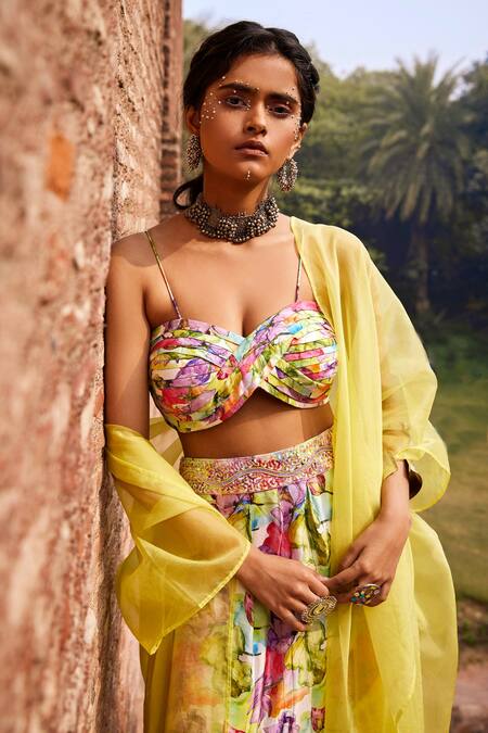 Shop Tarini Vij Multi Color Dobby Textured Organza Bead Work, Sequins, Kimaya Jacket Lehenga Set Online at Aza Fashions Shop_Tarini Vij_Multi Color Dobby Textured Organza Bead Work, Sequins, Kimaya Jacket Lehenga Set _Online_at_Aza_Fashions