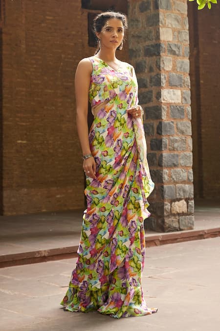 Tarini Vij Multi Color Satin Printed Lotus V Neck Kiara Saree Gown 