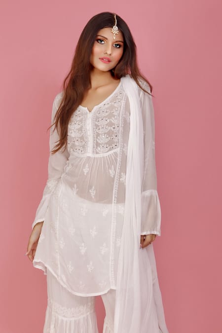 LABEL AISHWARYRIKA_White Chiffon, Georgette Chikankari V Neck Embroidered Kurta Sharara Set _Online_at_Aza_Fashions