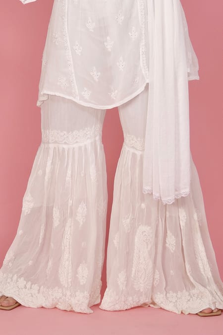 Buy_LABEL AISHWARYRIKA_White Chiffon, Georgette Chikankari V Neck Embroidered Kurta Sharara Set _Online_at_Aza_Fashions