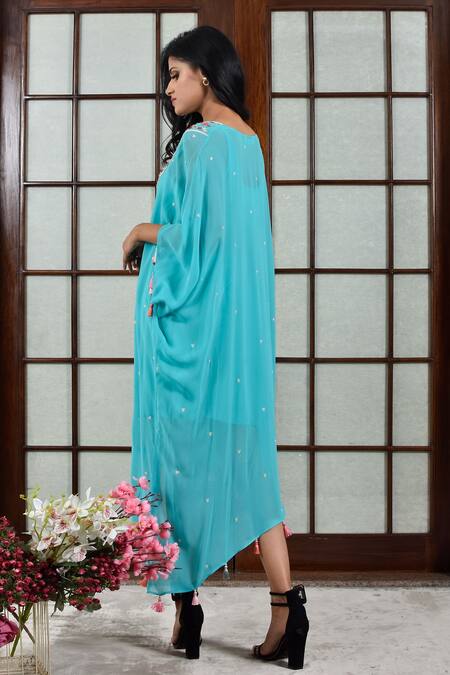 Seams Pret And Couture_Blue Georgette And Shantoon Mirror & Thread V Neck Work Kaftan _Online_at_Aza_Fashions