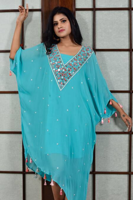 Buy_Seams Pret And Couture_Blue Georgette And Shantoon Mirror & Thread V Neck Work Kaftan _Online_at_Aza_Fashions