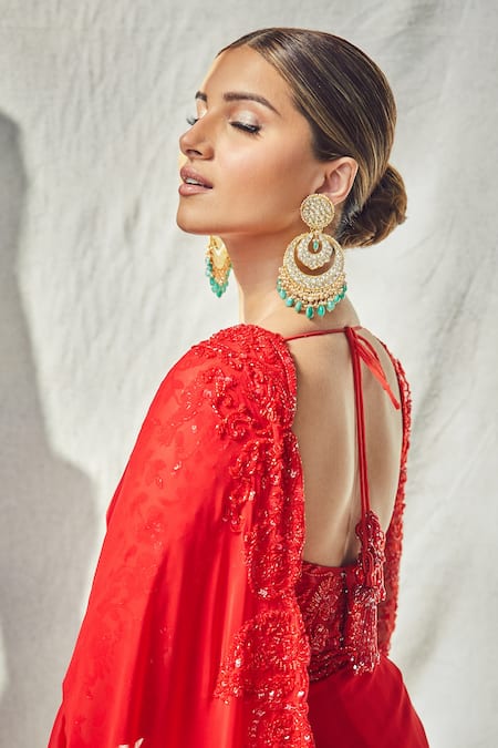 Shop_Premya By Manishii_Red Georgette Floral And Paisley Motifs Sweetheart Saree With Embroidered Blouse _Online_at_Aza_Fashions