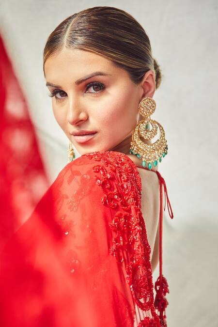 Premya By Manishii_Red Georgette Floral And Paisley Motifs Sweetheart Saree With Embroidered Blouse _at_Aza_Fashions