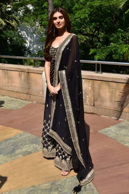 Shop_Punit Balana_Black Silk Chanderi V Neck Kurta Sharara Set _at_Aza_Fashions