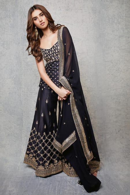 Punit Balana_Black Silk Chanderi V Neck Kurta Sharara Set _Online_at_Aza_Fashions