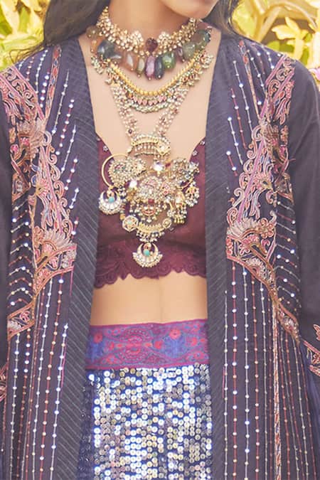 Jade By Monica & Karishma_Blue Jacket Raw Silkpants Silk Bralette V Neck And & Sequin Pant Set  _Online_at_Aza_Fashions