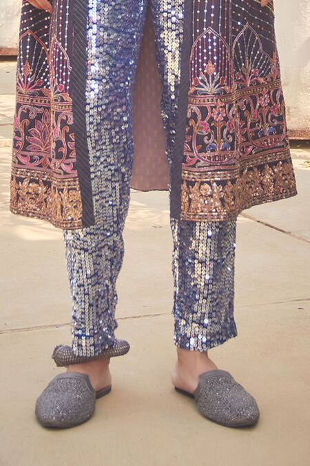Buy_Jade By Monica & Karishma_Blue Jacket Raw Silkpants Silk Bralette V Neck And & Sequin Pant Set  _Online_at_Aza_Fashions