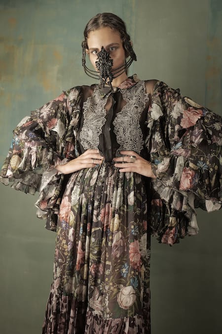 Nidhi Yasha_Black Viscose Printed Shirt Collar Layered Sleeve Dress  _Online_at_Aza_Fashions