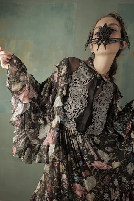 Buy_Nidhi Yasha_Black Viscose Printed Shirt Collar Layered Sleeve Dress  _Online_at_Aza_Fashions