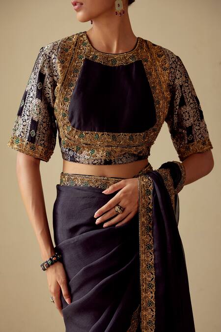 Mimamsaa_Black Satin Silk Brocade Floral Round Tarabai Woven And Embroidered Blouse_Online_at_Aza_Fashions