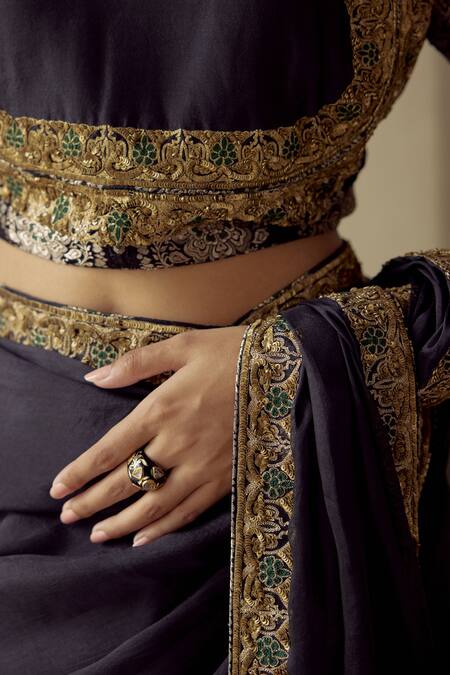 Shop_Mimamsaa_Black Satin Silk Brocade Floral Round Tarabai Woven And Embroidered Blouse_Online_at_Aza_Fashions