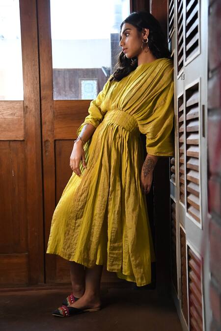 Vaani Beswal_White Handwoven Zari Cotton Round Neck Tarai Dress_Online_at_Aza_Fashions