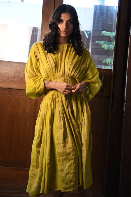 Buy_Vaani Beswal_White Handwoven Zari Cotton Round Neck Tarai Dress_Online_at_Aza_Fashions