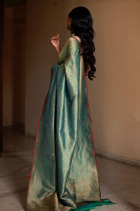 Shop Priyanka Raajiv Blue Silk Brocade Banarasi Thread Saree at Aza Fashions Shop_Priyanka Raajiv_Blue Silk Brocade Banarasi Thread Saree _at_Aza_Fashions