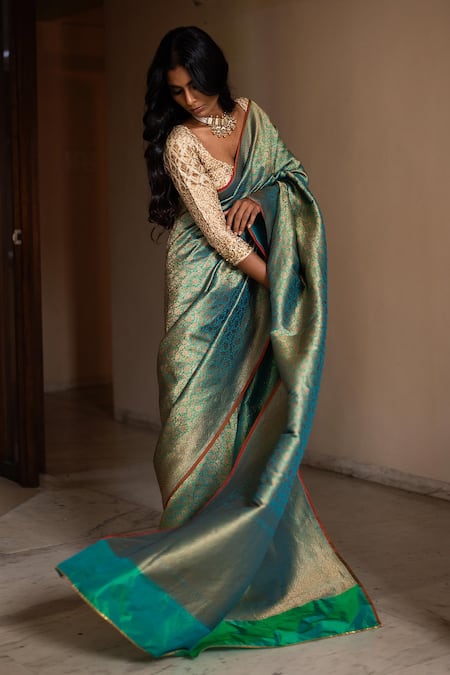 Buy Priyanka Raajiv Blue Silk Brocade Banarasi Thread Saree Online at Aza Fashions Buy_Priyanka Raajiv_Blue Silk Brocade Banarasi Thread Saree _Online_at_Aza_Fashions