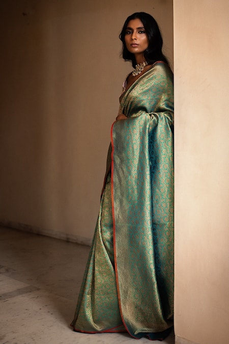 Shop Priyanka Raajiv Blue Silk Brocade Banarasi Thread Saree Online at Aza Fashions Shop_Priyanka Raajiv_Blue Silk Brocade Banarasi Thread Saree _Online_at_Aza_Fashions