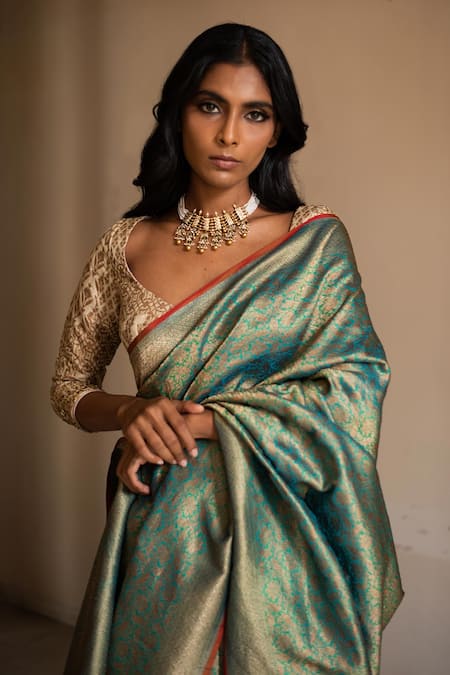 Priyanka Raajiv Blue Silk Brocade Banarasi Thread Saree at Aza Fashions Priyanka Raajiv_Blue Silk Brocade Banarasi Thread Saree _at_Aza_Fashions