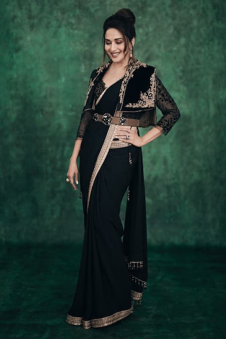 Tarun Tahiliani Black Georgette Round Embroidered Saree With Blouse 