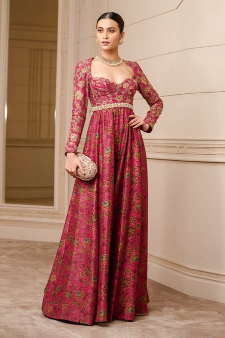 Tarun Tahiliani_Fuchsia Silk Dupion Thread Work, Floral Pattern Sweetheart Chintz Print Jumpsuit_Online_at_Aza_Fashions