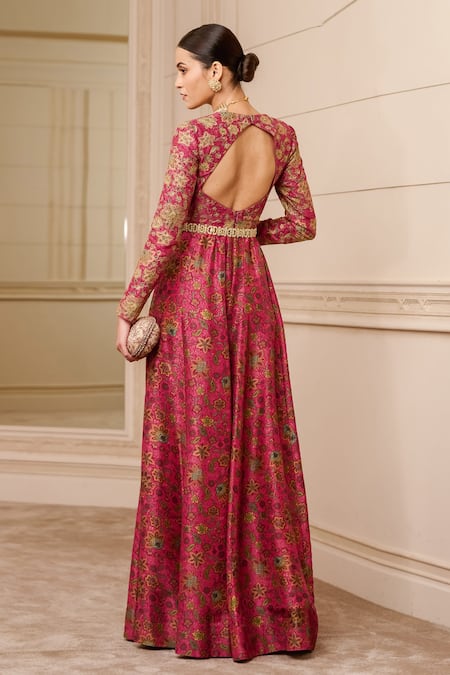 Buy_Tarun Tahiliani_Fuchsia Silk Dupion Thread Work, Floral Pattern Sweetheart Chintz Print Jumpsuit_Online_at_Aza_Fashions