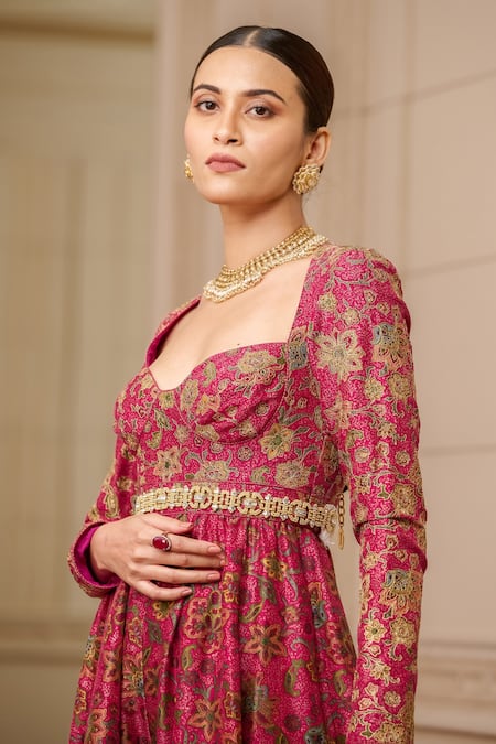 Shop_Tarun Tahiliani_Fuchsia Silk Dupion Thread Work, Floral Pattern Sweetheart Chintz Print Jumpsuit_Online_at_Aza_Fashions