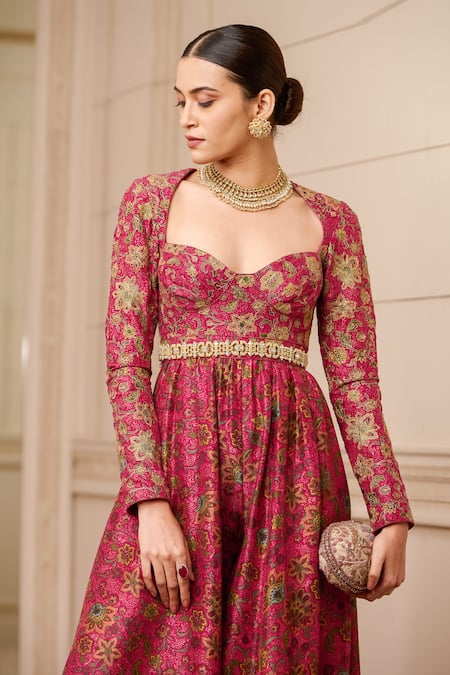 Tarun Tahiliani_Fuchsia Silk Dupion Thread Work, Floral Pattern Sweetheart Chintz Print Jumpsuit_at_Aza_Fashions