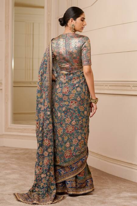 Shop Tarun Tahiliani Multi Color Blouse Foil Jersey, Saree Georgette Floral Pattern V With Printed at Aza Fashions Shop_Tarun Tahiliani_Multi Color Blouse Foil Jersey, Saree Georgette Floral Pattern V With Printed_at_Aza_Fashions