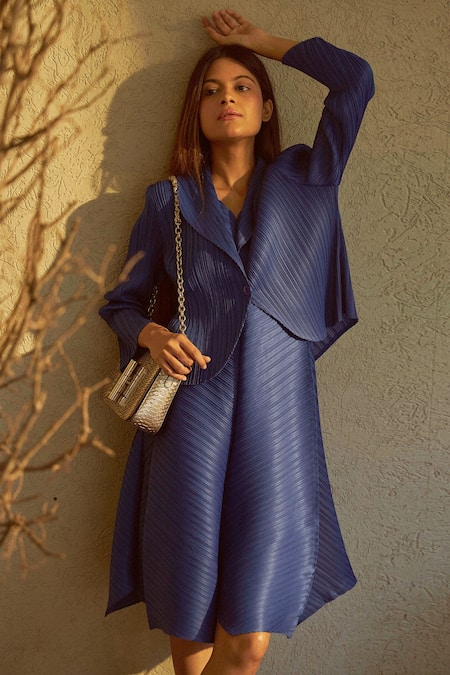 Shop Tasuvure Blue Pleated Fabric Collared Neck Zouave Bolero Jacket Dress at Aza Fashions Shop_Tasuvure_Blue Pleated Fabric Collared Neck Zouave Bolero Jacket Dress _at_Aza_Fashions