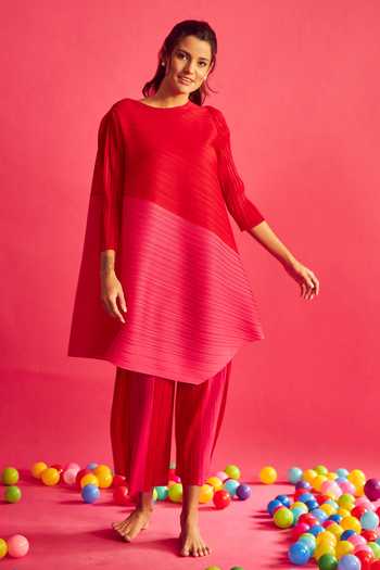 Tasuvure_Pink Pleated Fabric Ariana Asymmetric Tunic And Flared Pant Set_Online_at_Aza_Fashions