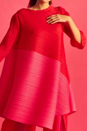 Shop_Tasuvure_Pink Pleated Fabric Ariana Asymmetric Tunic And Flared Pant Set_Online_at_Aza_Fashions