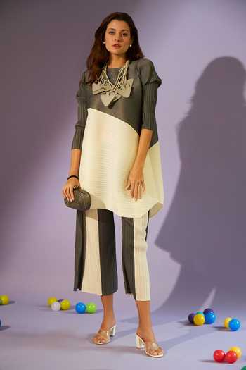 Tasuvure_Black Pleated Fabric Round Ariana Asymmetric Tunic And Flared Pant Set_Online_at_Aza_Fashions