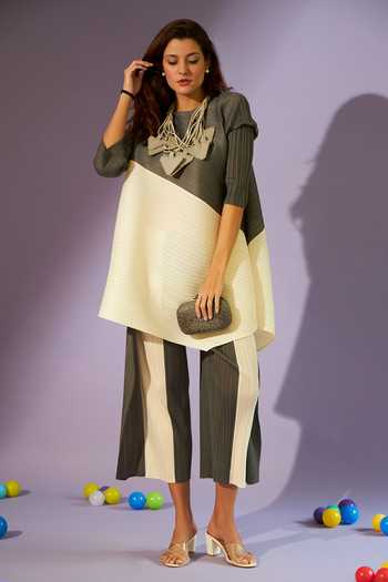 Buy_Tasuvure_Black Pleated Fabric Round Ariana Asymmetric Tunic And Flared Pant Set_Online_at_Aza_Fashions