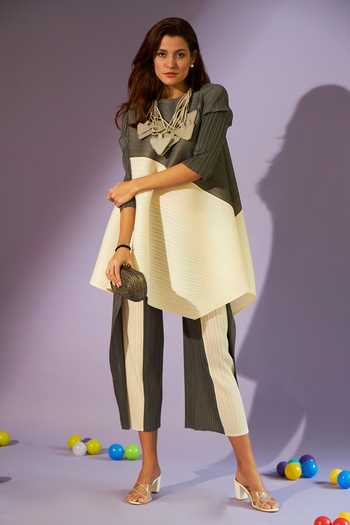 Shop_Tasuvure_Black Pleated Fabric Round Ariana Asymmetric Tunic And Flared Pant Set_Online_at_Aza_Fashions