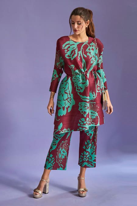 Buy Tasuvure Maroon Pleated Fabric Floral Print Round Olivia Tunic And Flared Pant Set Online at Aza Fashions Buy_Tasuvure_Maroon Pleated Fabric Floral Print Round Olivia Tunic And Flared Pant Set _Online_at_Aza_Fashions