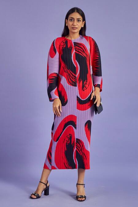Buy_Tasuvure_Purple Pleated Fabric Abstract Print Round Wesley Dress_Online_at_Aza_Fashions