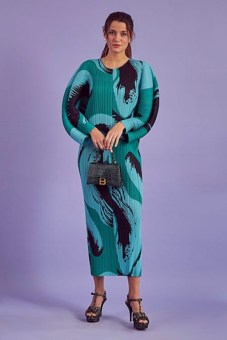 Tasuvure Green Pleated Fabric Abstract Print Round Wesley Dress 