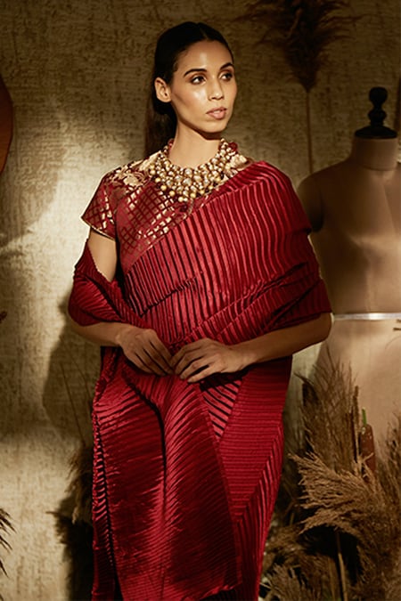 Wine Embellished Pleated Pre-Stitched Saree - Absolutely Desi