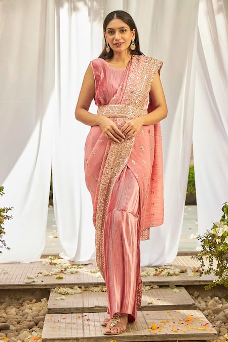 Buy Pink Pleated Embroidery Sequin And Thread Round Saree Gown